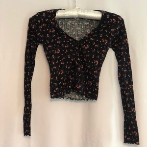 Floral Black Long Sleeve Button Up Crop Top Tillys